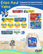 Erizo Azul Veloz 🌀 - Etiquetas Escolares Premium Personalizadas