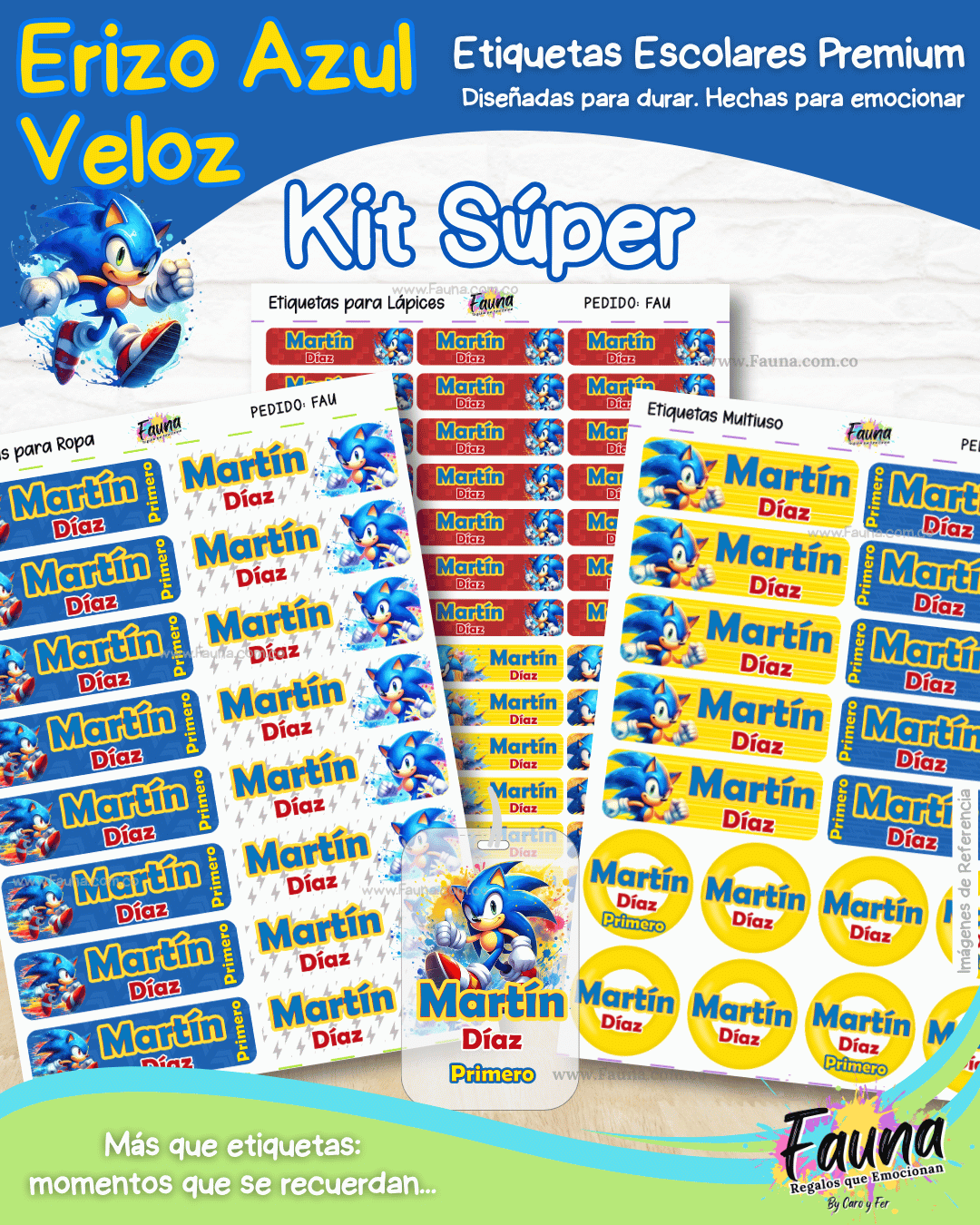 Erizo Azul Veloz 🌀 - Etiquetas Escolares Premium Personalizadas