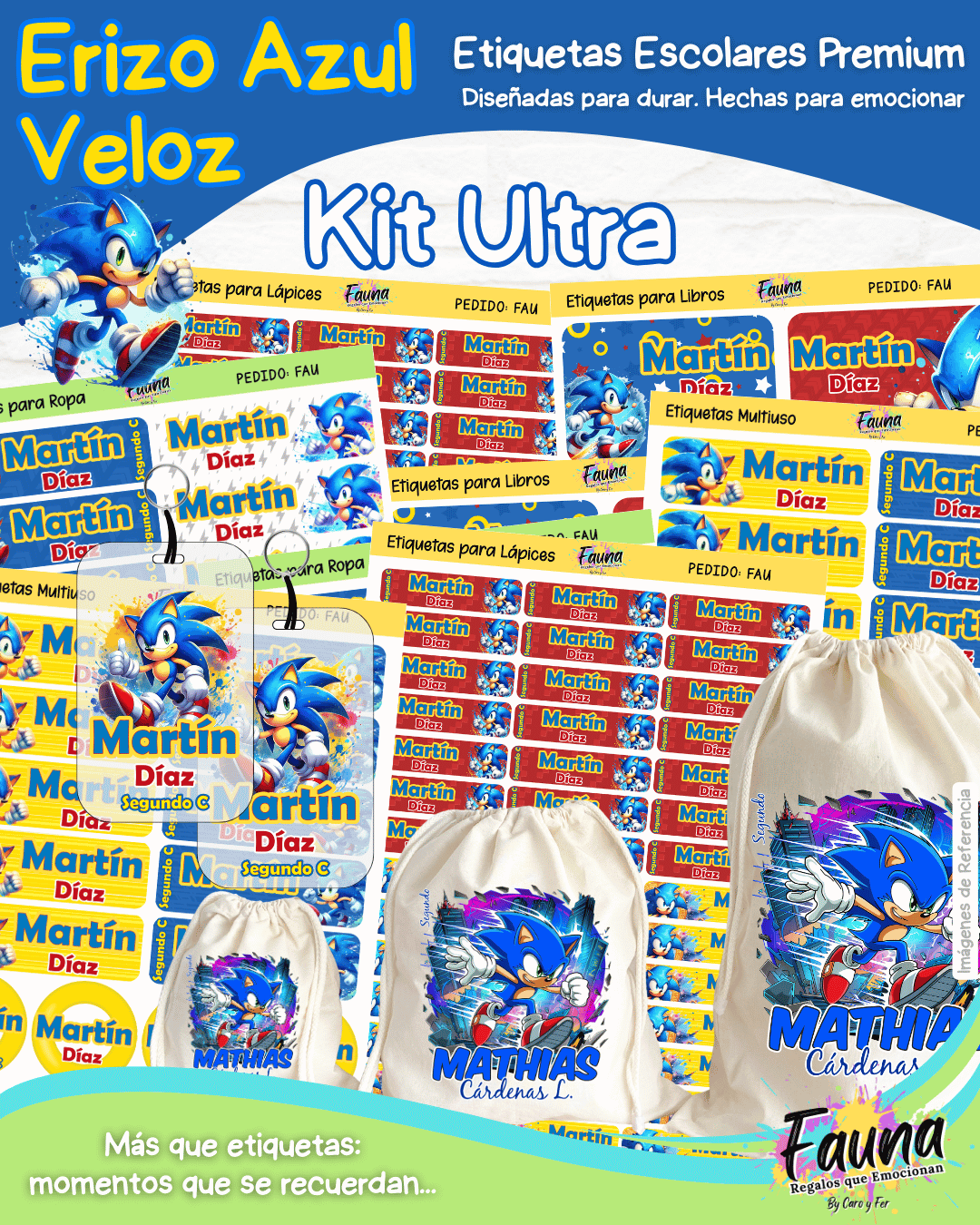 Erizo Azul Veloz 🌀 - Etiquetas Escolares Premium Personalizadas