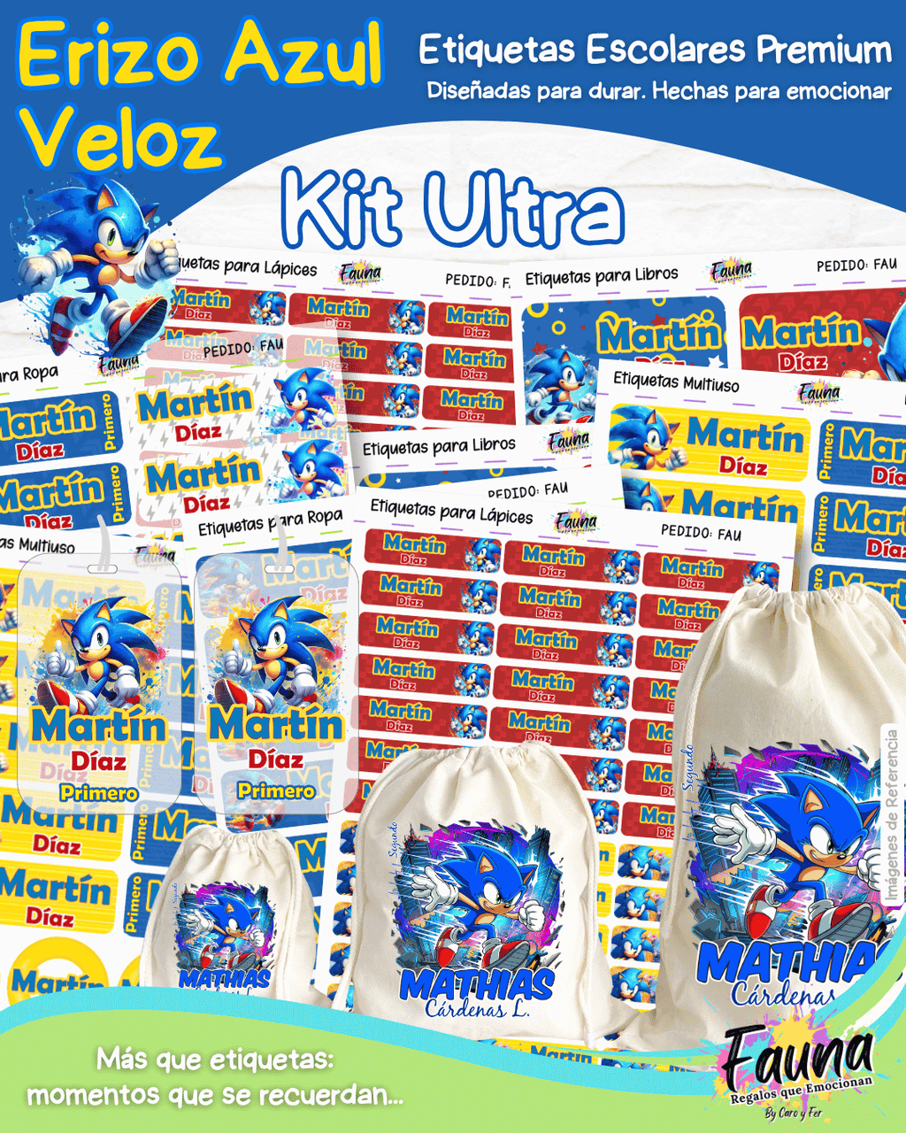 Erizo Azul Veloz 🌀 - Etiquetas Escolares Premium Personalizadas