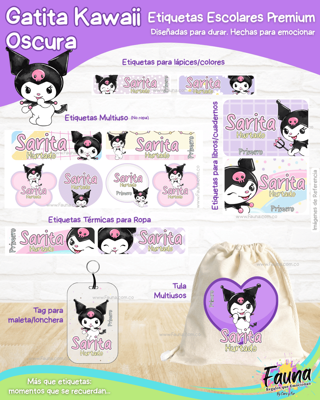 Gatita Kawaii Oscura 💜 - Etiquetas Escolares Premium Personalizadas