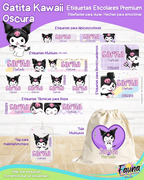 Gatita Kawaii Oscura 💜 - Etiquetas Escolares Premium Personalizadas