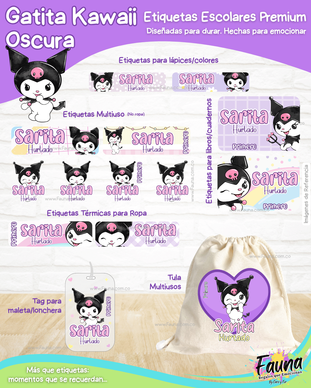 Gatita Kawaii Oscura 💜 - Etiquetas Escolares Premium Personalizadas