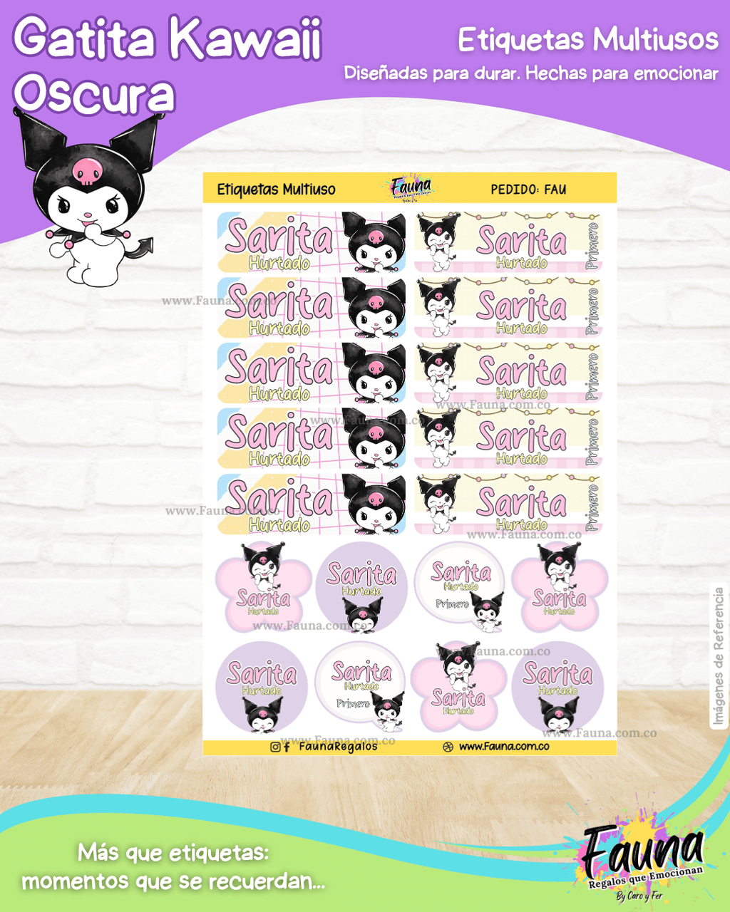 Gatita Kawaii Oscura 💜 - Etiquetas Escolares Premium Personalizadas