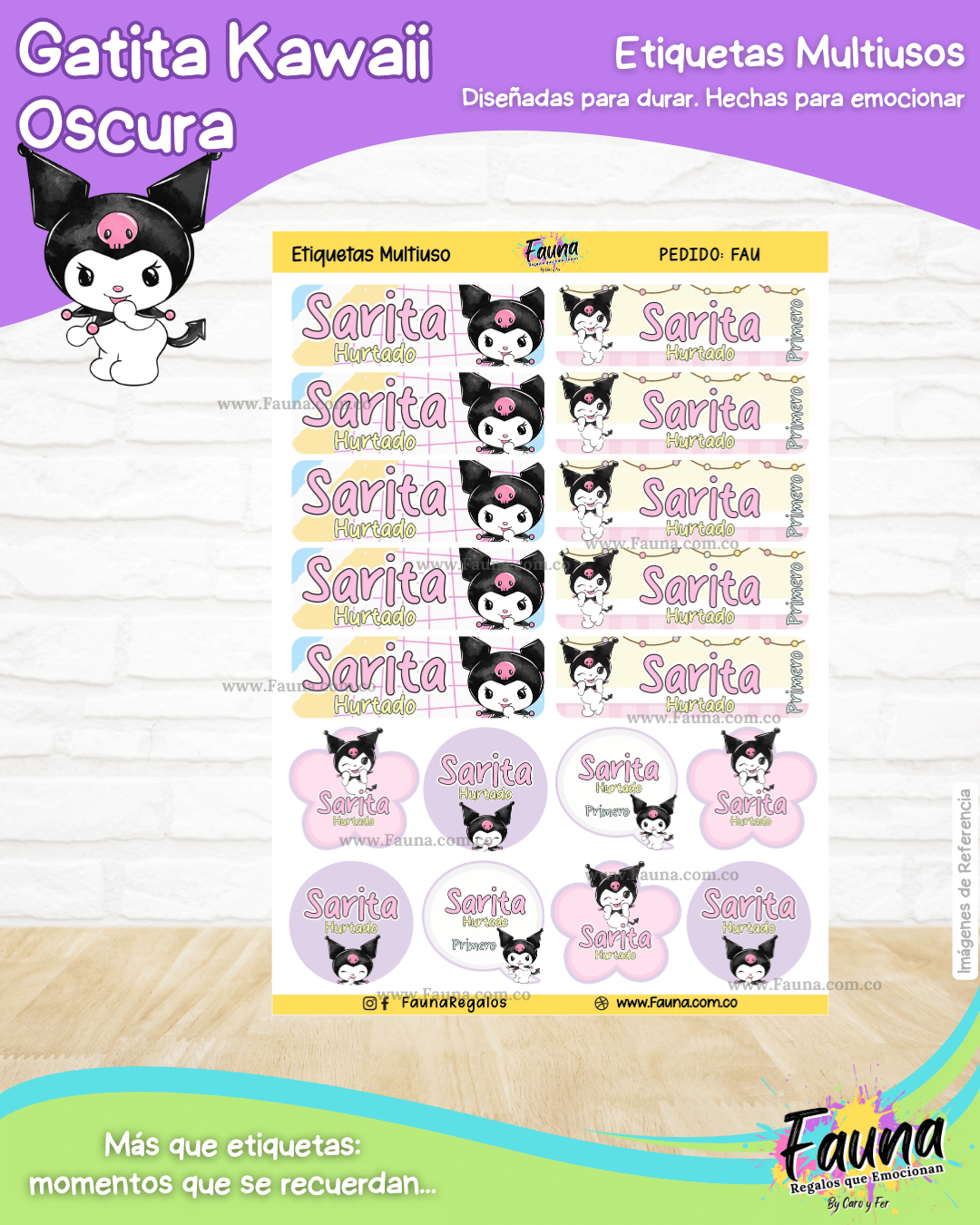 Gatita Kawaii Oscura 💜 - Etiquetas Escolares Premium Personalizadas