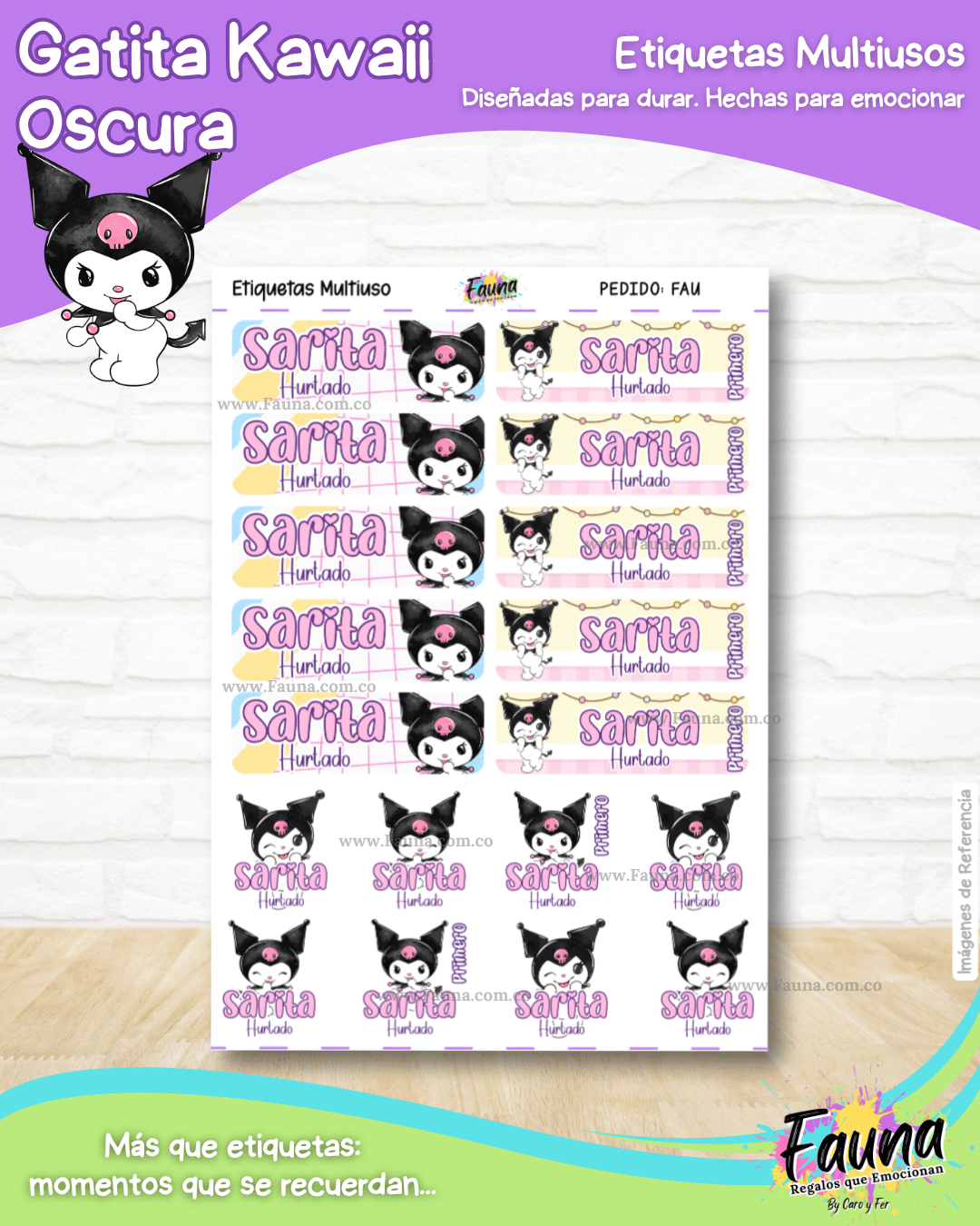 Gatita Kawaii Oscura 💜 - Etiquetas Escolares Premium Personalizadas