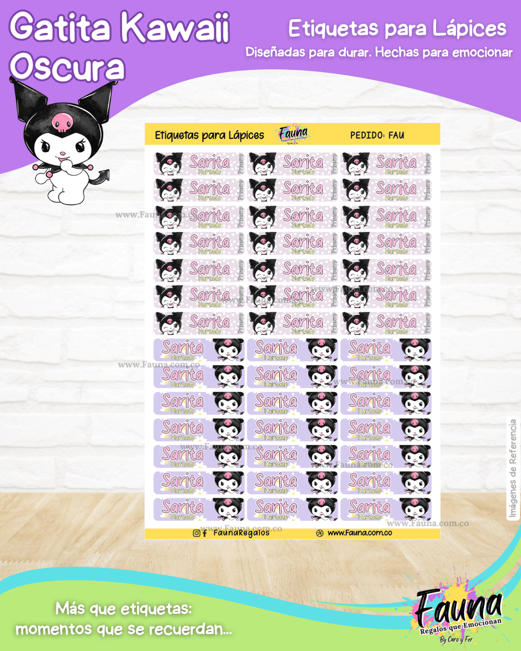 Gatita Kawaii Oscura 💜 - Etiquetas Escolares Premium Personalizadas