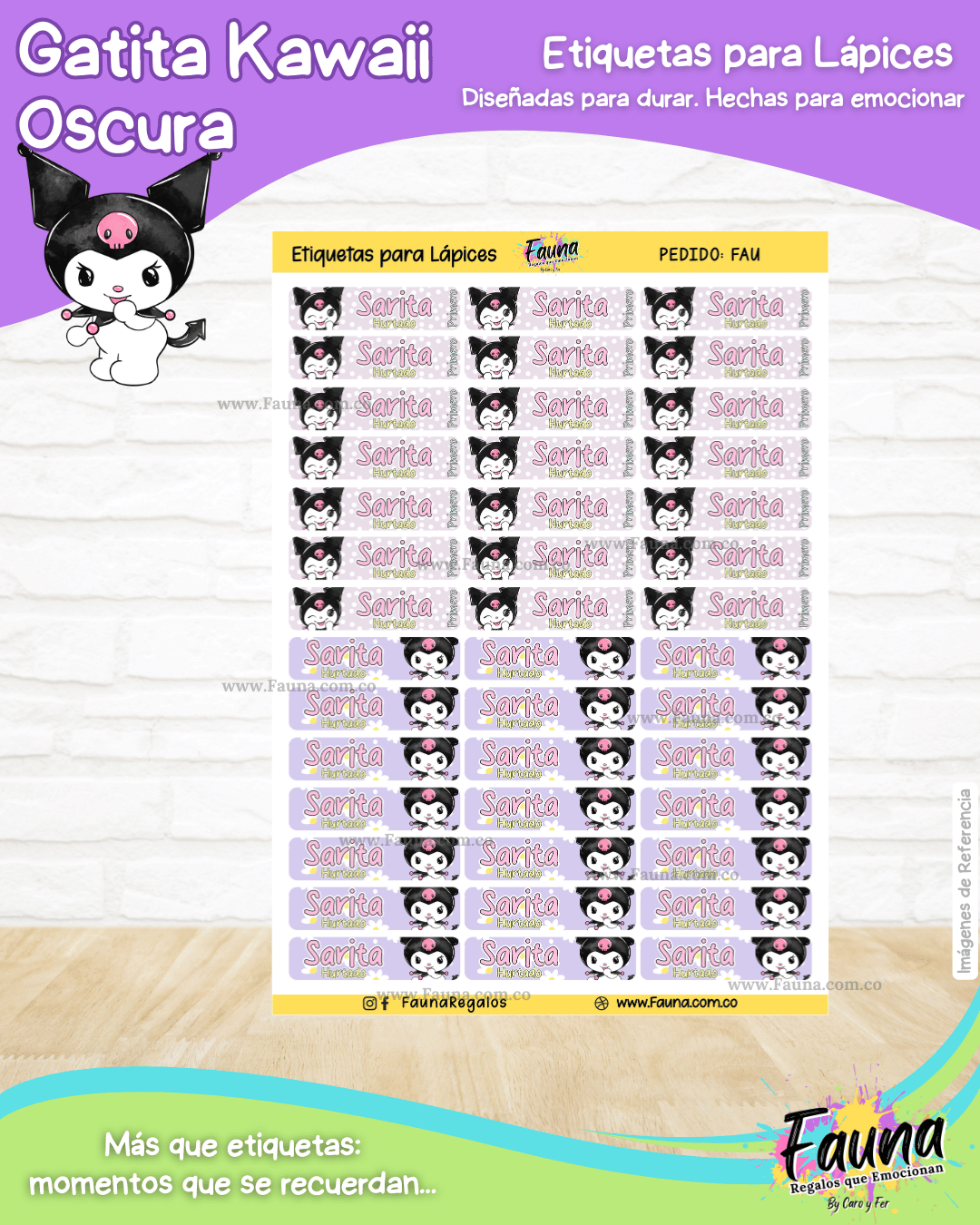 Gatita Kawaii Oscura 💜 - Etiquetas Escolares Premium Personalizadas