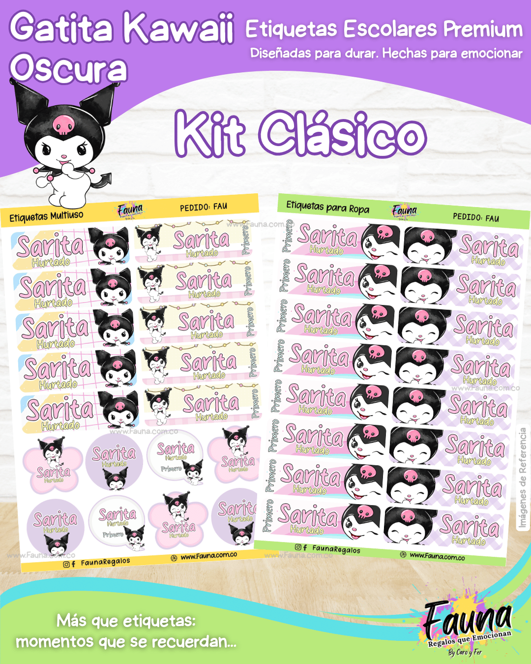 Gatita Kawaii Oscura 💜 - Etiquetas Escolares Premium Personalizadas