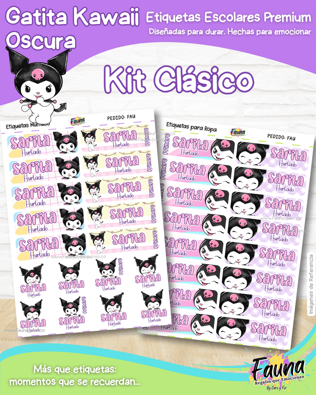 Gatita Kawaii Oscura 💜 - Etiquetas Escolares Premium Personalizadas