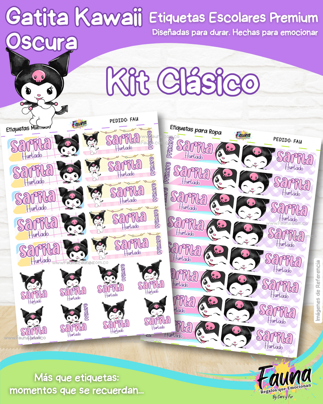 Gatita Kawaii Oscura 💜 - Etiquetas Escolares Premium Personalizadas