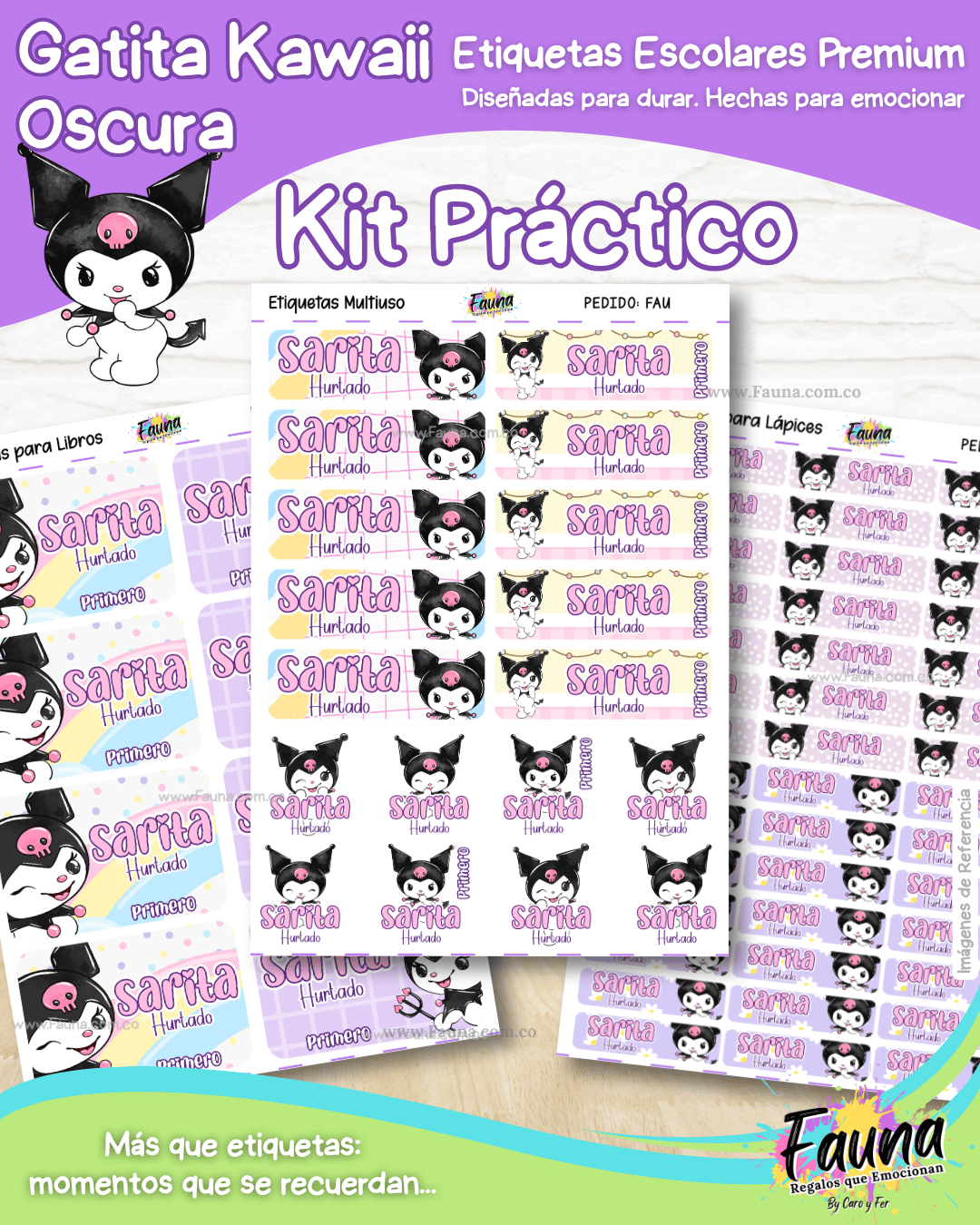 Gatita Kawaii Oscura 💜 - Etiquetas Escolares Premium Personalizadas