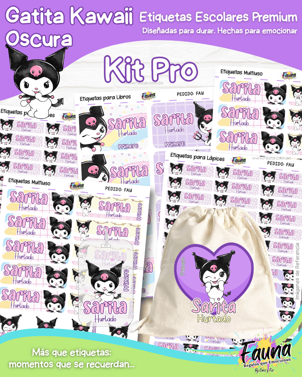 Gatita Kawaii Oscura 💜 - Etiquetas Escolares Premium Personalizadas