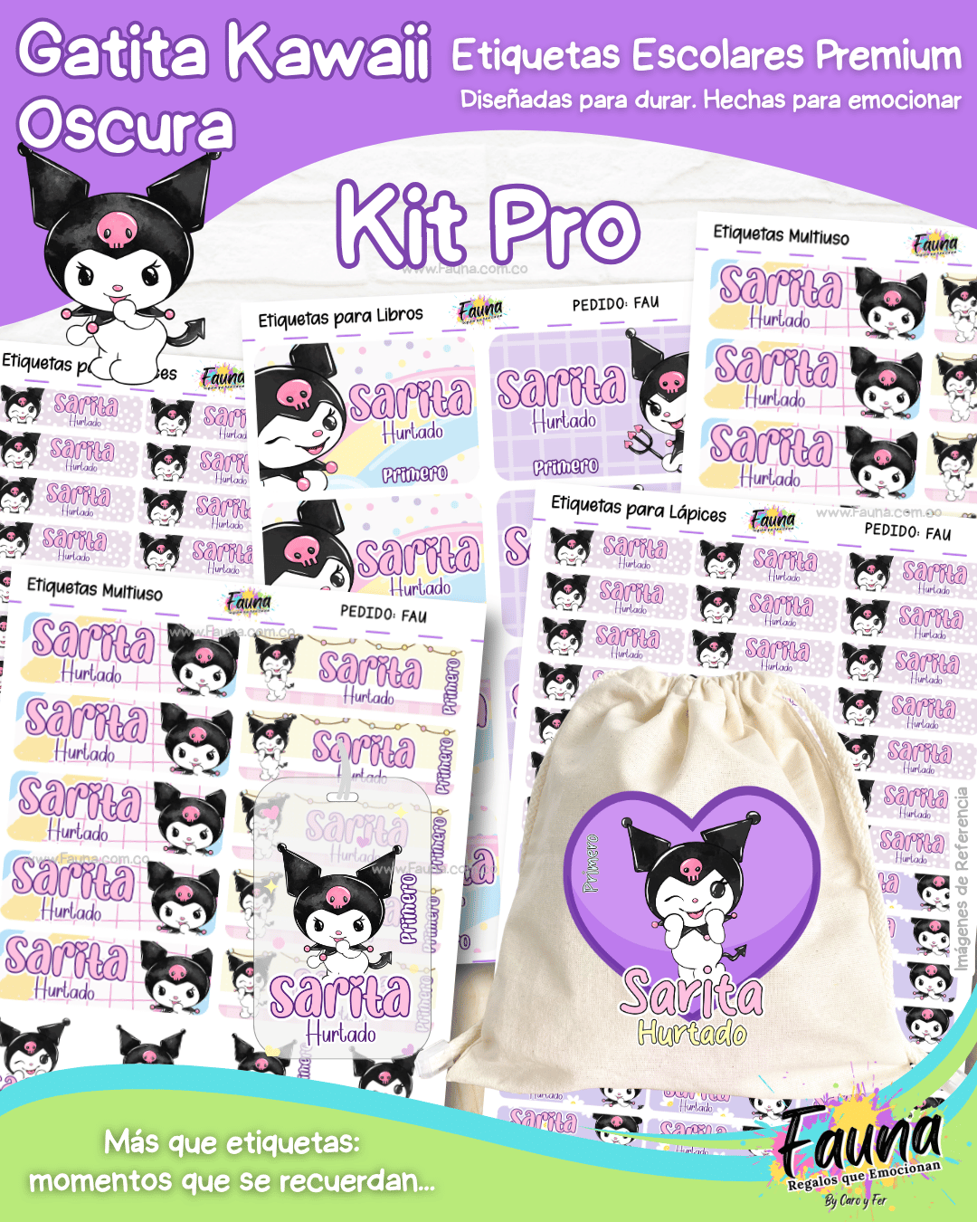 Gatita Kawaii Oscura 💜 - Etiquetas Escolares Premium Personalizadas
