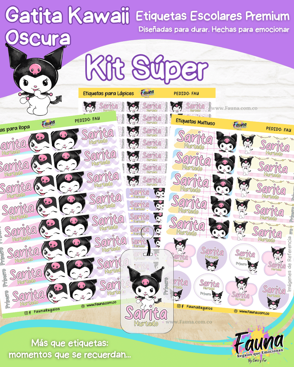 Gatita Kawaii Oscura 💜 - Etiquetas Escolares Premium Personalizadas