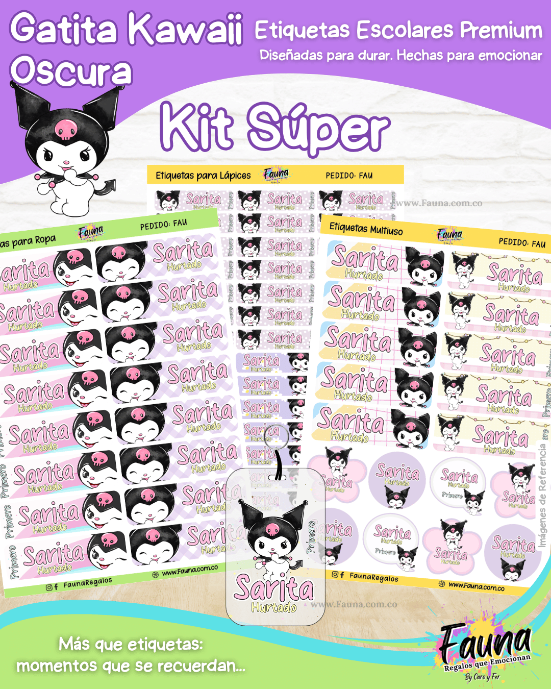 Gatita Kawaii Oscura 💜 - Etiquetas Escolares Premium Personalizadas