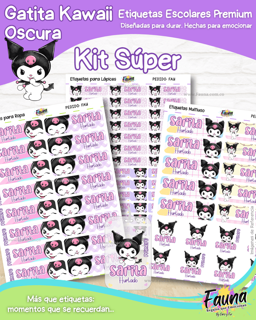 Gatita Kawaii Oscura 💜 - Etiquetas Escolares Premium Personalizadas