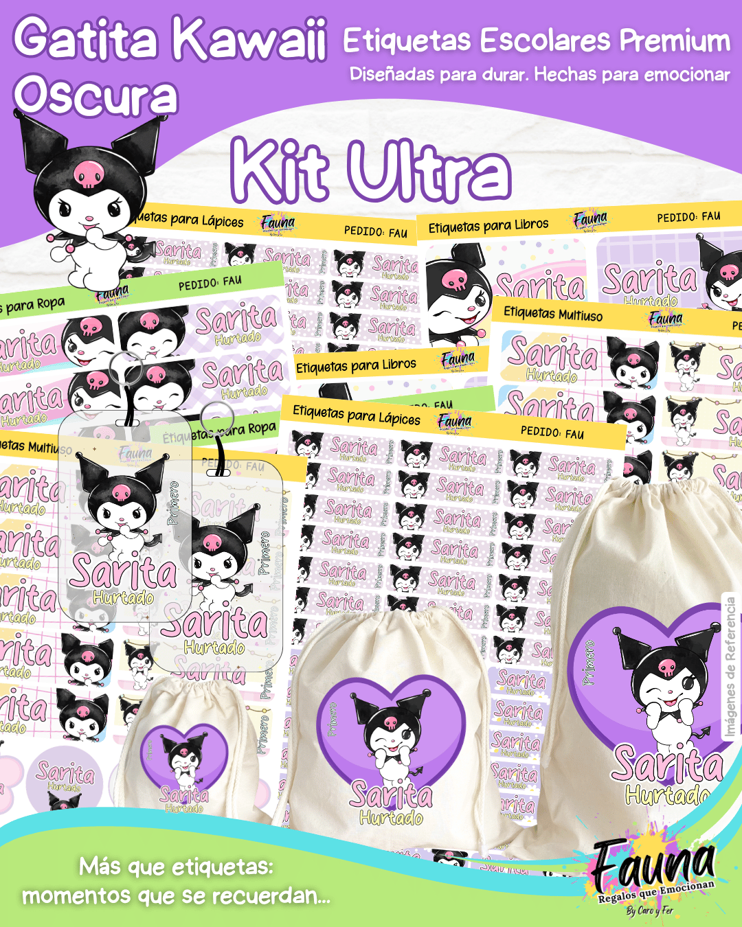 Gatita Kawaii Oscura 💜 - Etiquetas Escolares Premium Personalizadas