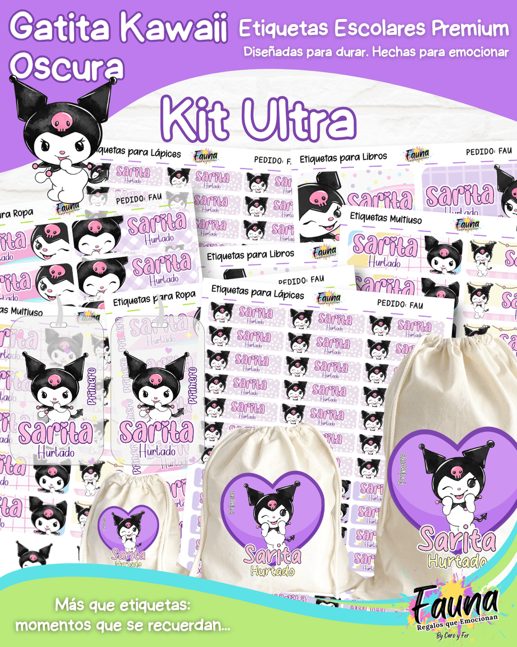 Gatita Kawaii Oscura 💜 - Etiquetas Escolares Premium Personalizadas