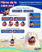 Héroe de la Capa Azul 🛡️ - Etiquetas Escolares Premium Personalizadas
