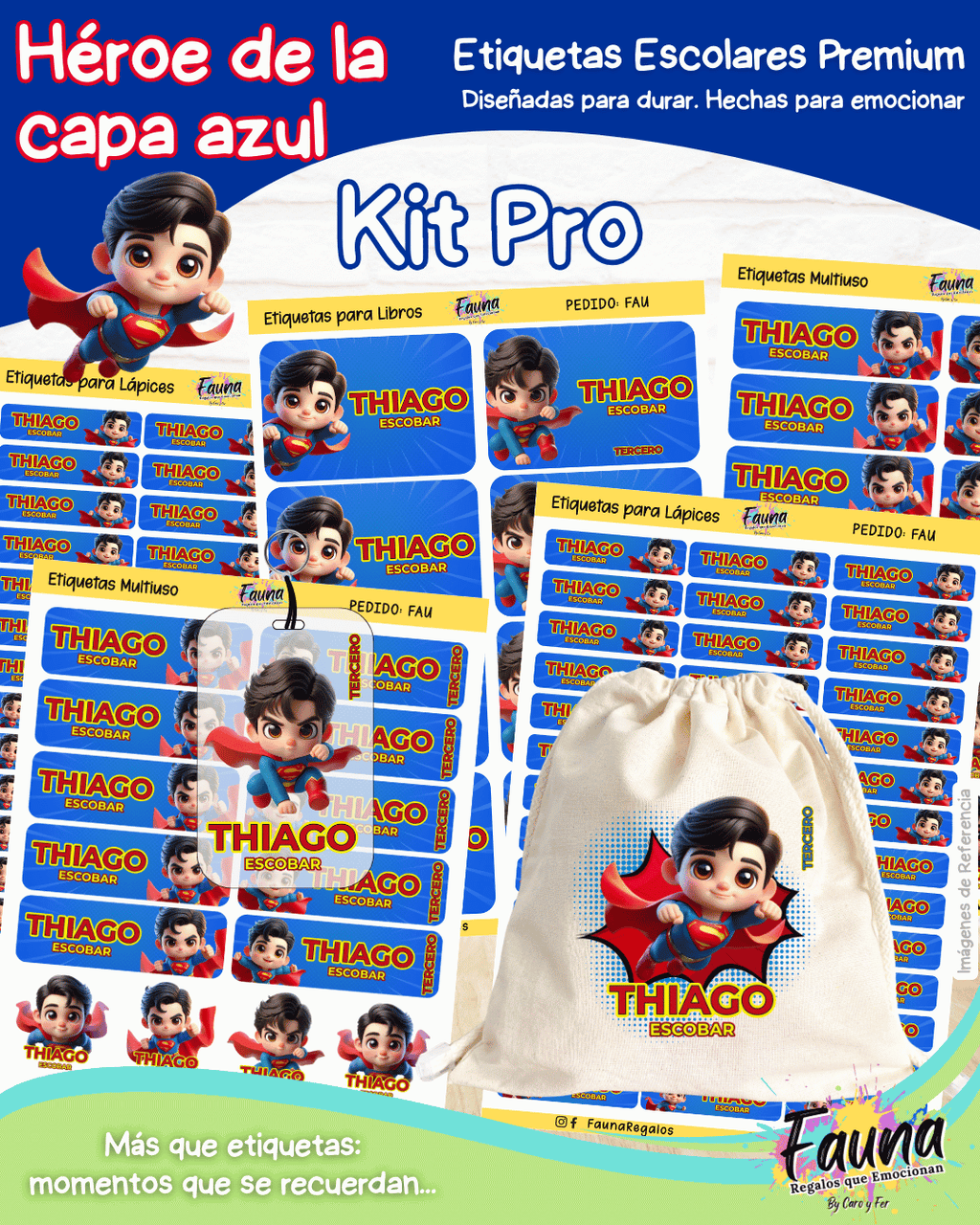 Héroe de la Capa Azul 🛡️ - Etiquetas Escolares Premium Personalizadas