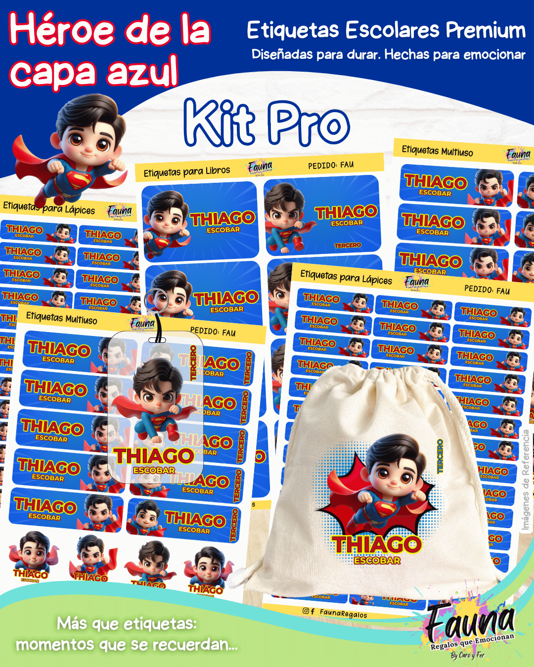 Héroe de la Capa Azul 🛡️ - Etiquetas Escolares Premium Personalizadas