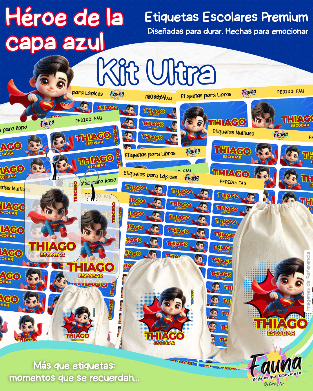 Héroe de la Capa Azul 🛡️ - Etiquetas Escolares Premium Personalizadas