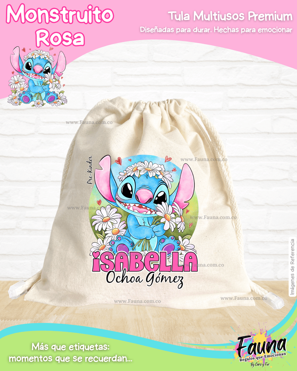 Monstruito Rosa 💖 - Tula personalizada para niña – multiusos con nombre