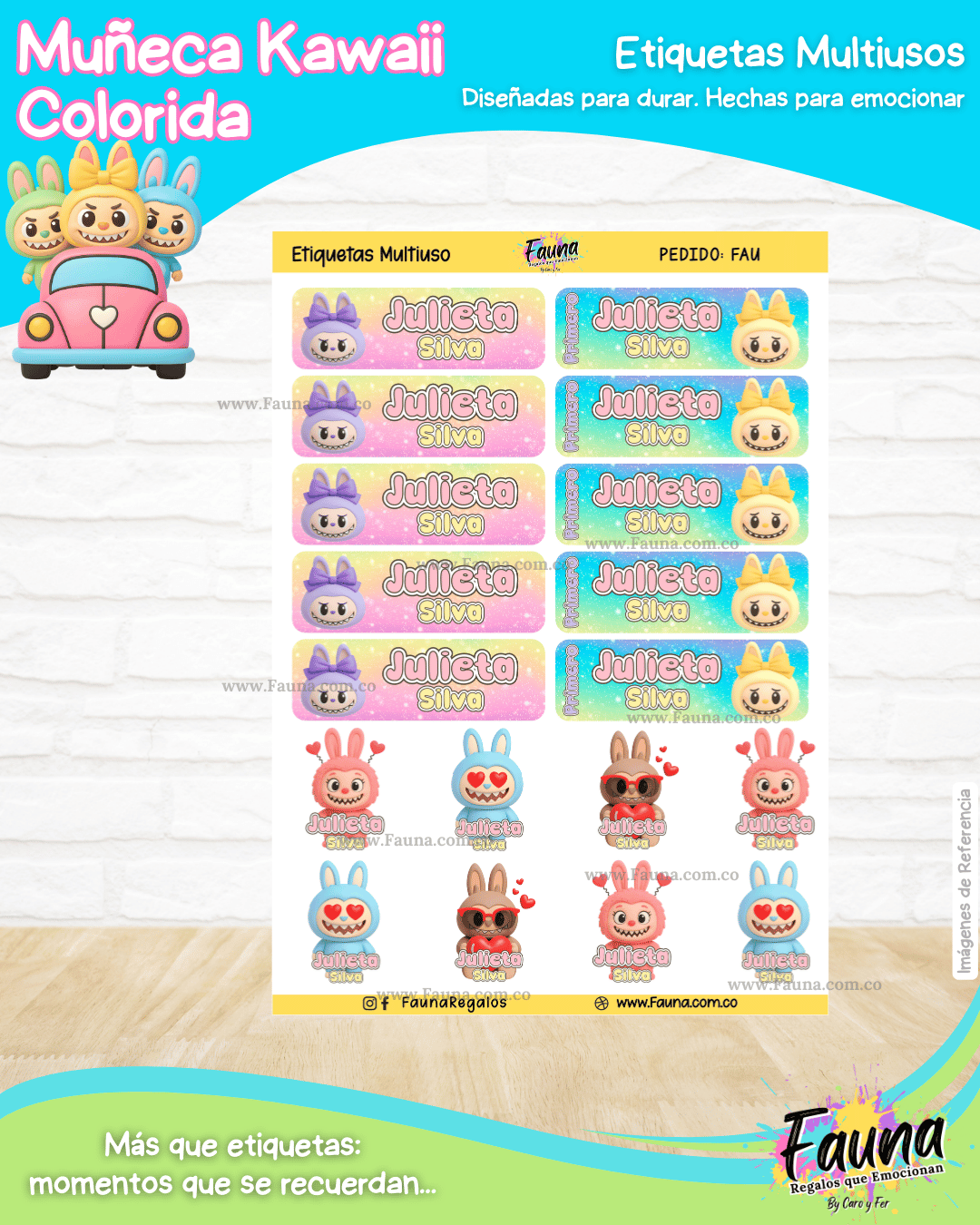 Muñeca Kawaii Colorida 🌈 - Etiquetas Escolares Premium Personalizadas
