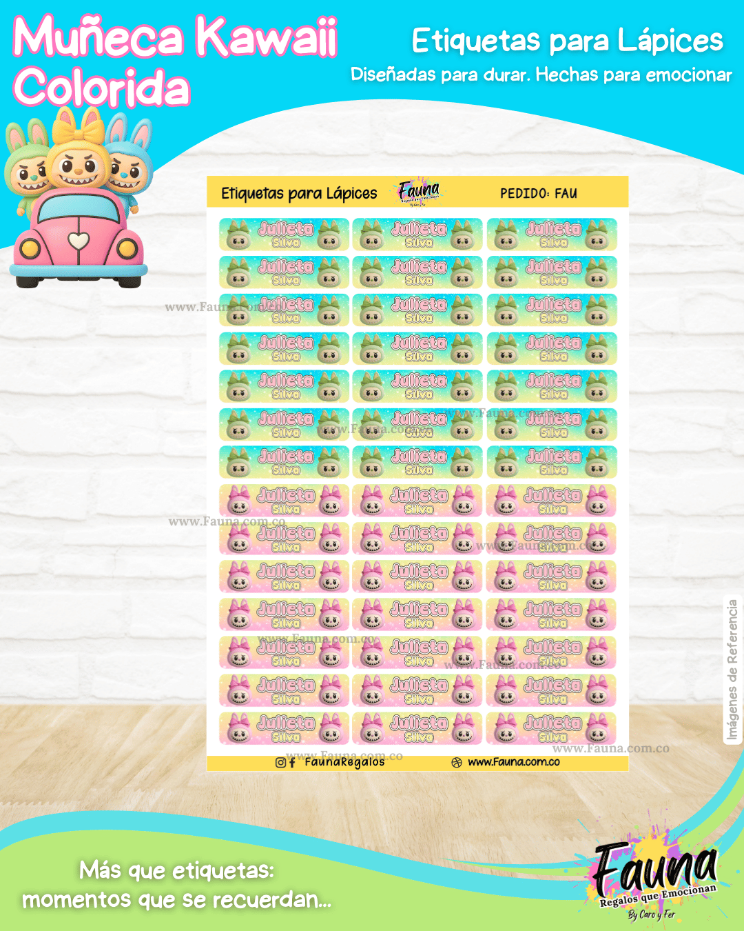 Muñeca Kawaii Colorida 🌈 - Etiquetas Escolares Premium Personalizadas
