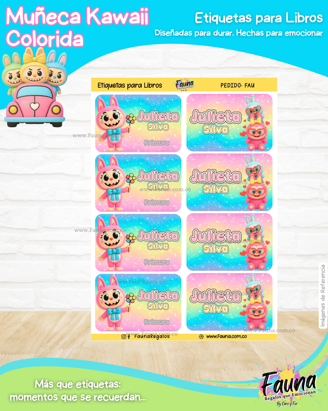 Muñeca Kawaii Colorida 🌈 - Etiquetas Escolares Premium Personalizadas