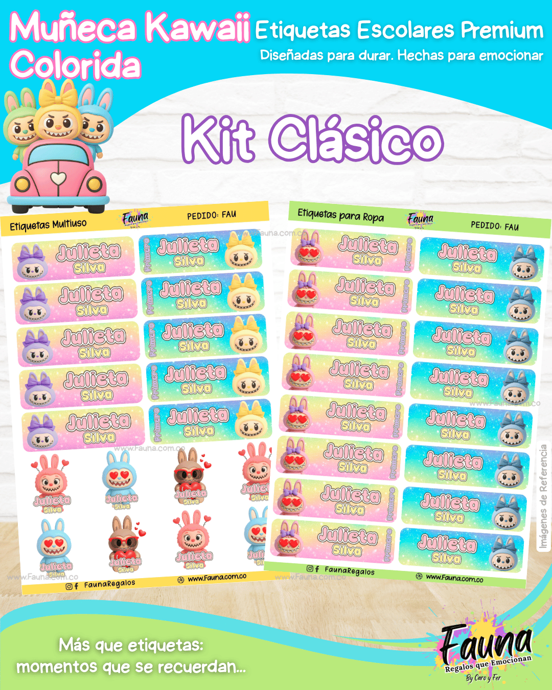 Muñeca Kawaii Colorida 🌈 - Etiquetas Escolares Premium Personalizadas