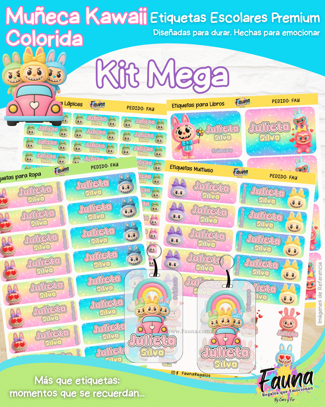 Muñeca Kawaii Colorida 🌈 - Etiquetas Escolares Premium Personalizadas