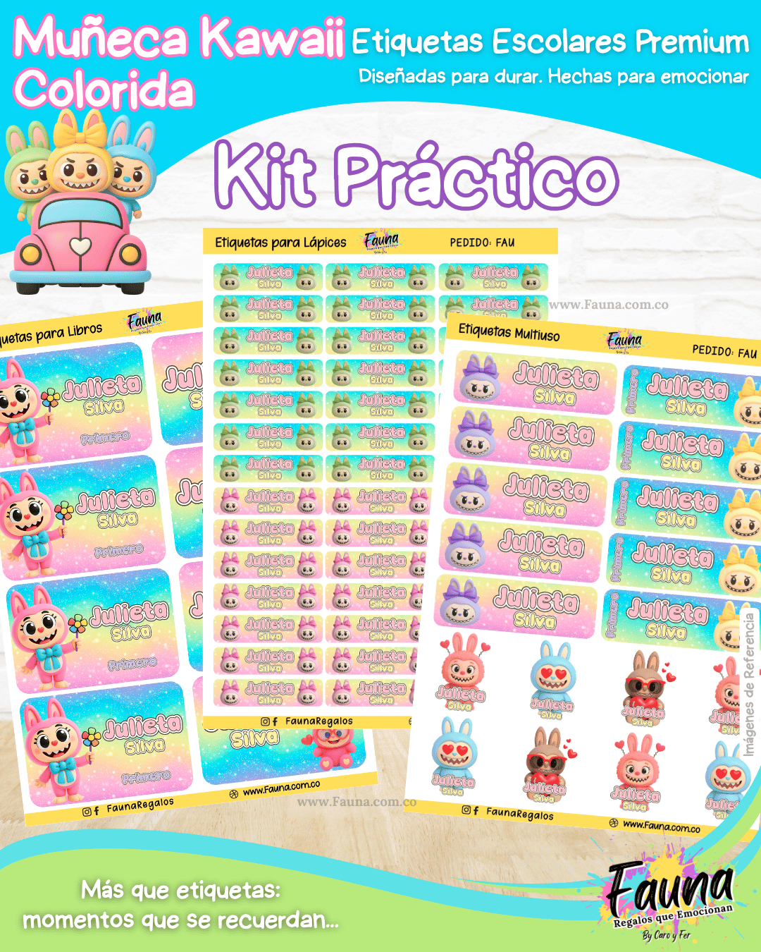 Muñeca Kawaii Colorida 🌈 - Etiquetas Escolares Premium Personalizadas