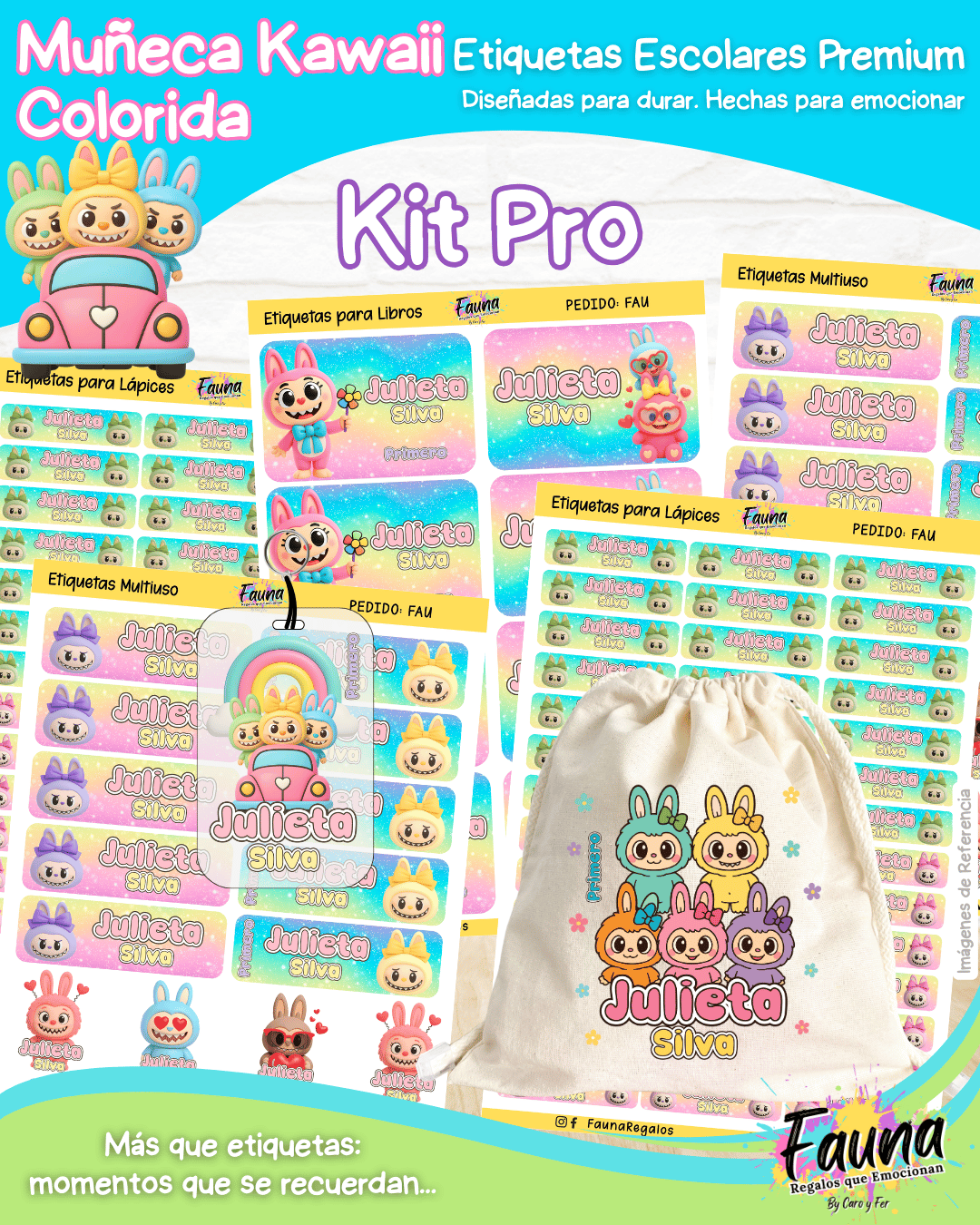Muñeca Kawaii Colorida 🌈 - Etiquetas Escolares Premium Personalizadas