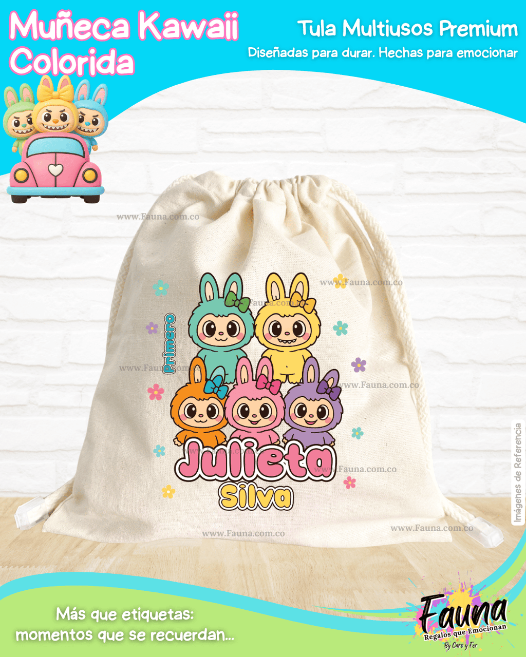 Muñeca Kawaii Colorida 🌈 - Tula personalizada para niña – multiusos con nombre