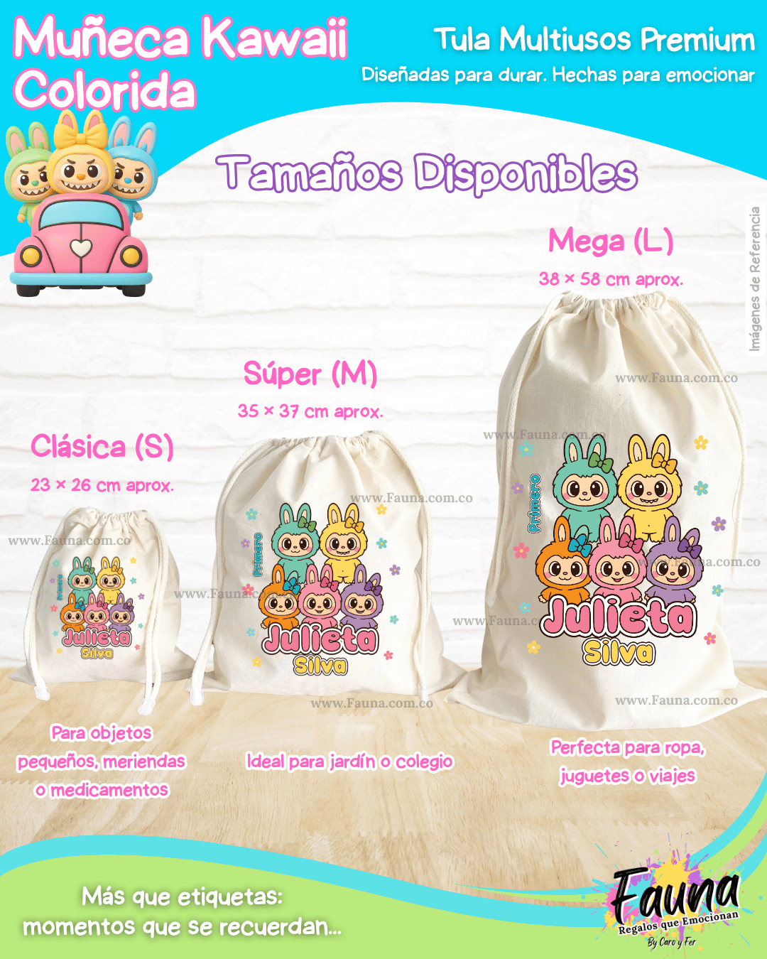 Muñeca Kawaii Colorida 🌈 - Tula personalizada para niña – multiusos con nombre