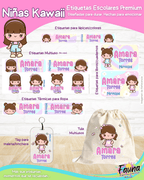 Niñas Kawaii 🌸 - Etiquetas Escolares Premium Personalizadas